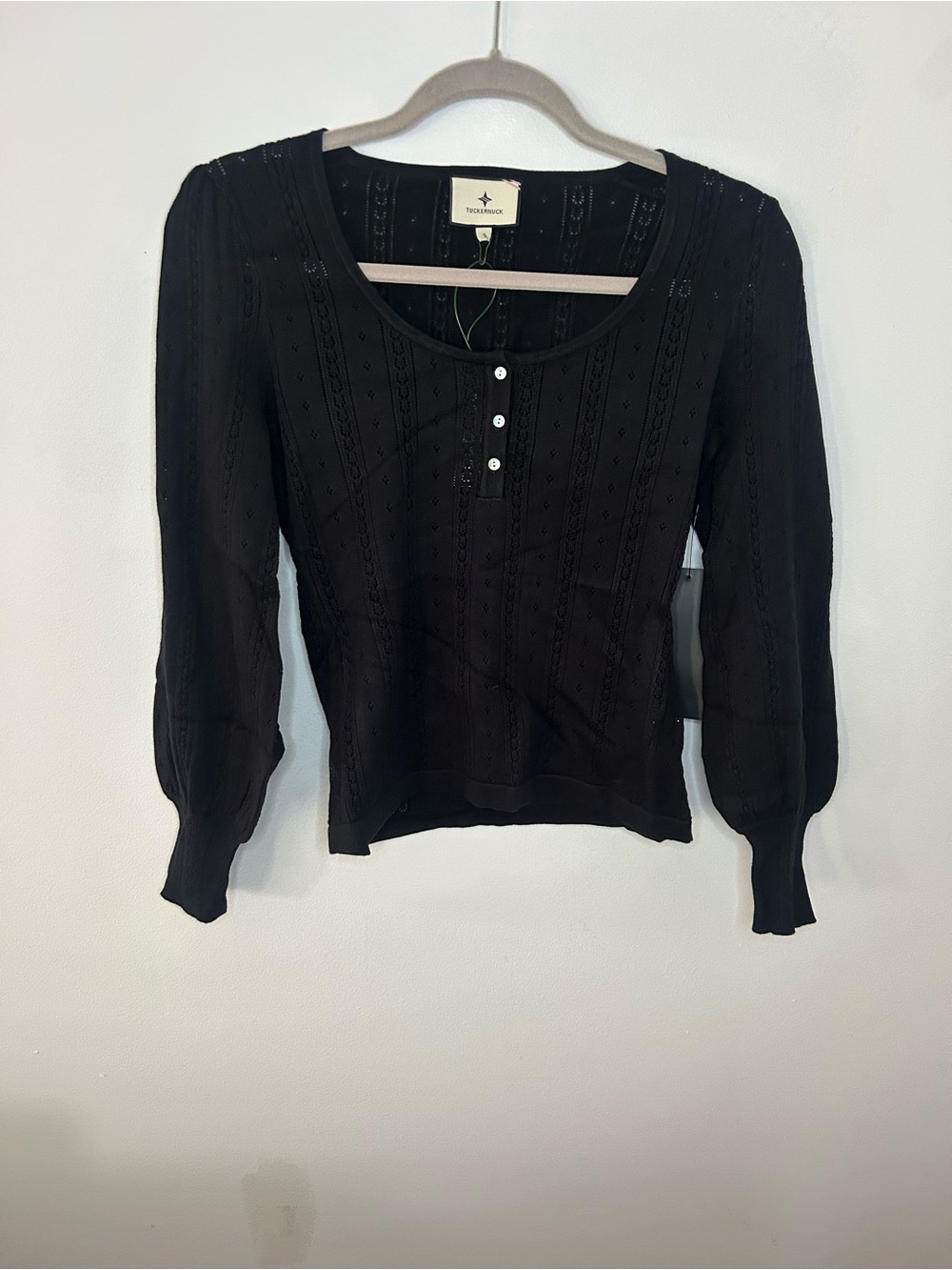 Tuckernuck NWT Black Puff Long Sleeve Henley Knit Top size small